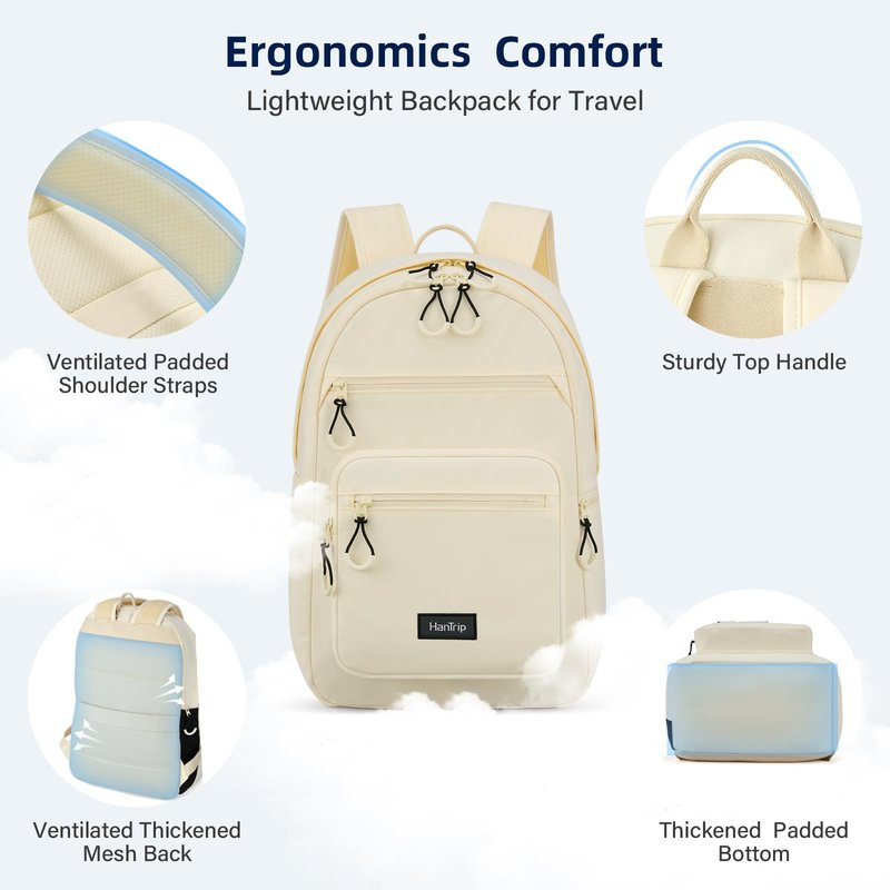 HanTrip Carry On Travel Backpack For Women, 18 Inch Water Resistant Large Backpack Lightweight Bookbag For Men, 8x14x18 Personal Item Bag Casual Daypack Backpacks For Work Office Commuter (Offwhite)