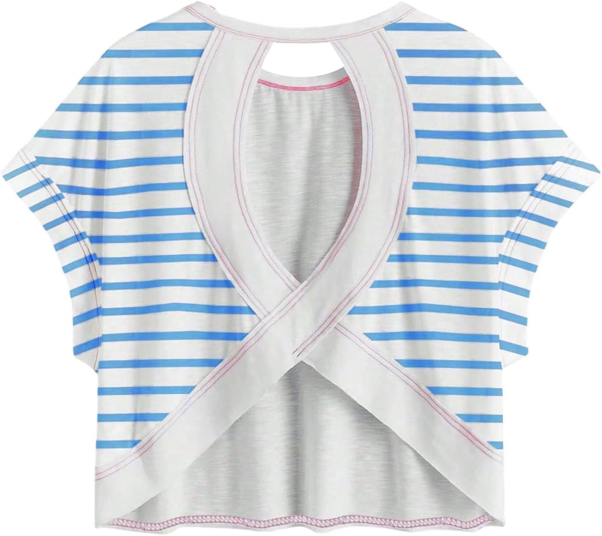 WDIRARA Women's Workout T-Shirt - Stripe Open Back Design with Criss Cross Cut Out | Short Sleeve Top