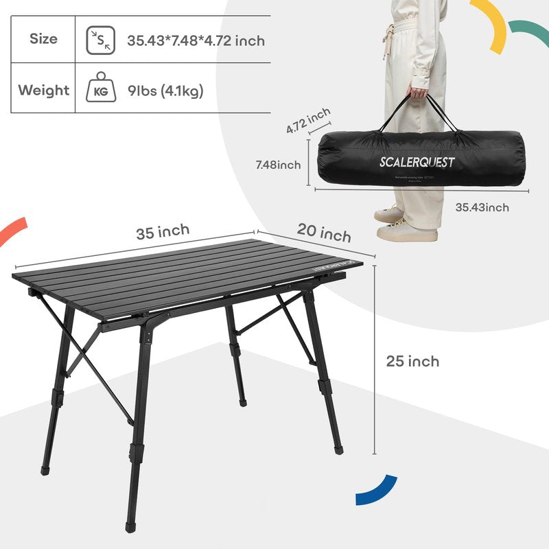 SCLERQUEST Portable Lightweight Aluminum Camping Table Adjustable Height Roll Up Design for BBQ, Beach, Camping Travel, Foldable Compact Table for Picnic Tent Outdoor