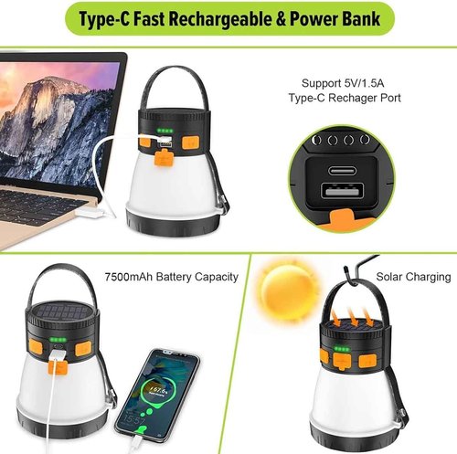 **Skiennix LED Camping Lantern - 1500 Lumens Rechargeable with Solar Panel & 8 Light Modes | Waterproof Design**