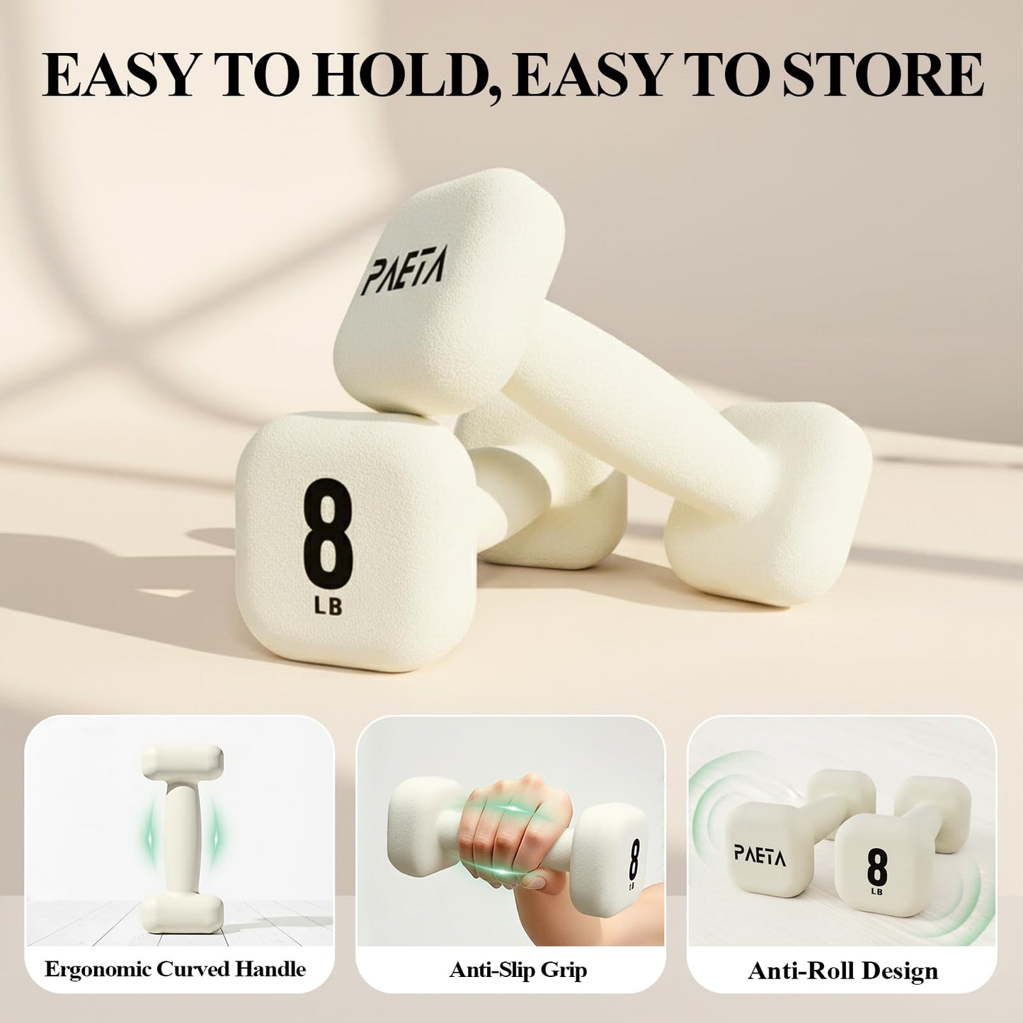 PAETA Neoprene Dumbbell, Hand Weights with Curved Grip for Women, Anti-Slip, Anti-Roll, Square Dumbbells for Full-Body Workout, Strength Training | 2LB Pair