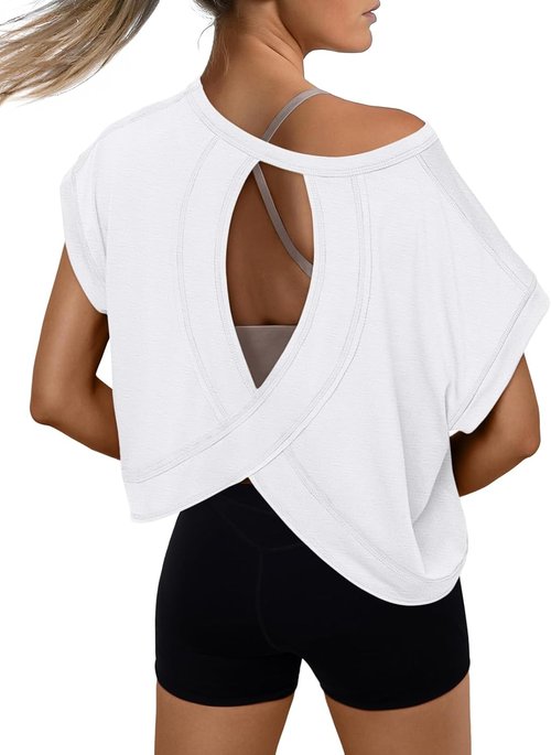 AUTOMET Women's Open Back Crop Top - Cute Backless Short Sleeve Athletic Shirt for Gym & Yoga