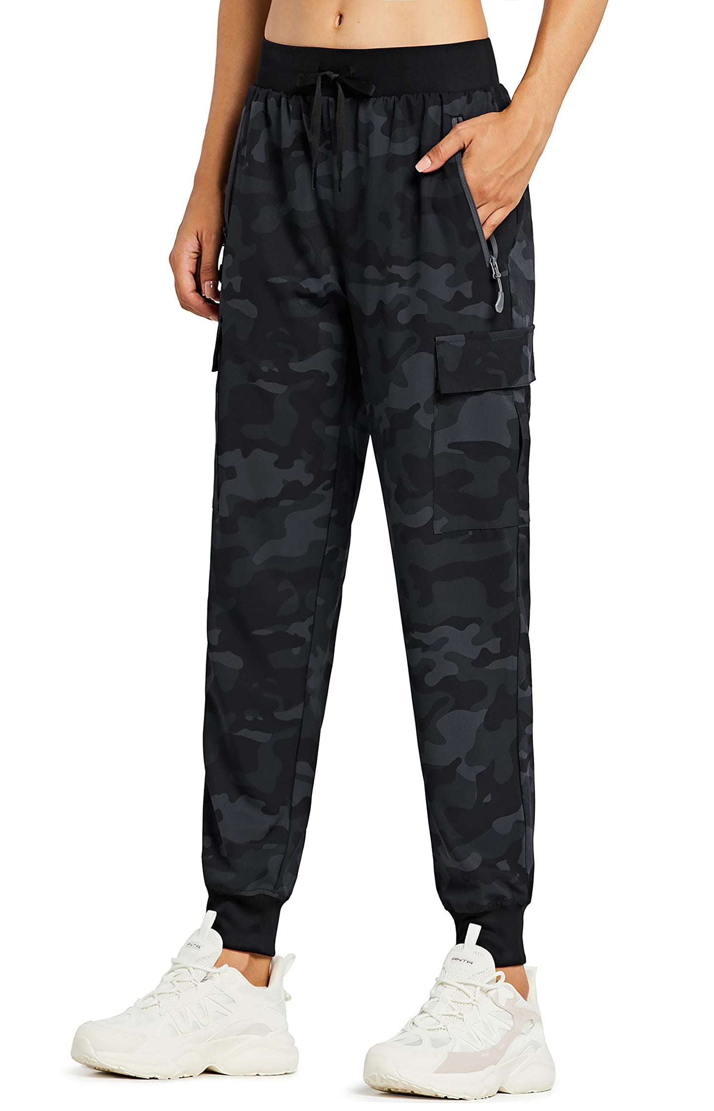 Libin Women's Camo Cargo Joggers Lightweight Quick Dry Hiking Pants Athletic Lounge Casual Travel, Camo Black L