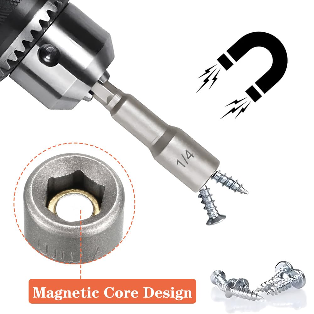 Saipe 10pcs SAE 1/4” and 5/16” Magnetic Nut Driver Bit Set, 1/4 inch Driver Power Nut Setter Drill Bits for Impact Drill, Socket Adapter Hex Nut Driver Set, 65mm Length