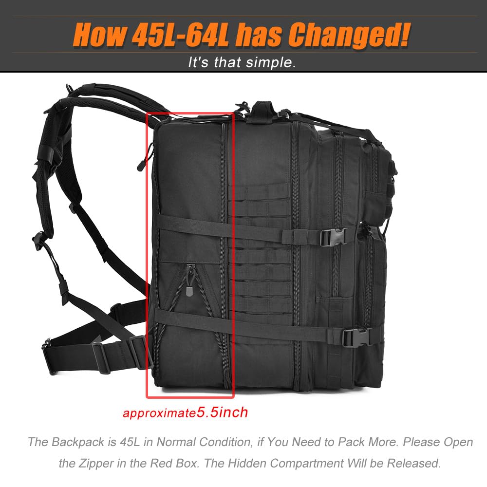R.SASR 64L Large Tactical Backpack, Military Backpack, Molle Backpack, Tactical Bag, Hiking Daypacks (3, black)