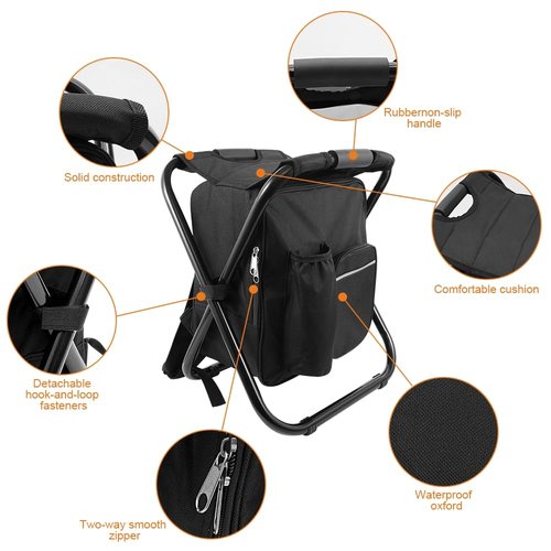 FCFKUK Portable Folding Backpack Stool with Cooler Compartment, Black