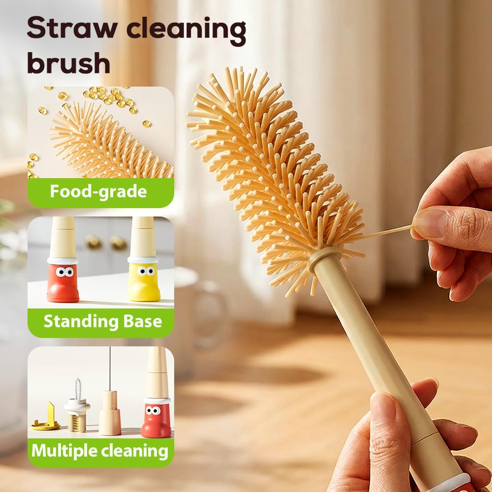 5 in 1 Bottle Cleaning Brush Set,Multifunctional Water Bottle Brush and Straw Cleaner Brush,Cleaning Tool Kit for Cleaning Bottles Set,Kitchen Gadgets (Yellow)