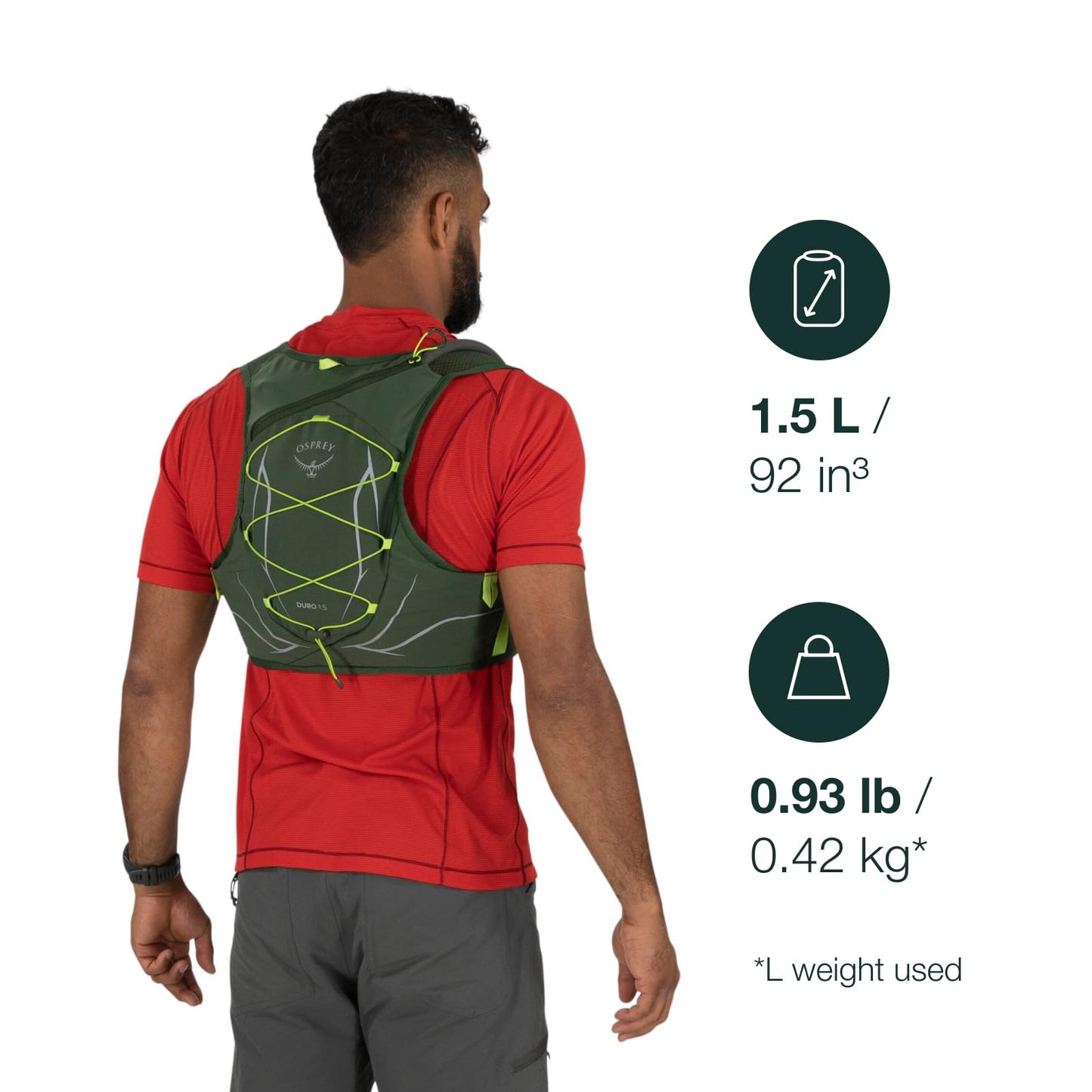 Osprey Duro 1.5L Men's Running Hydration Vest with Hydraulics Reservoir, Seaweed Green/Limon, Medium