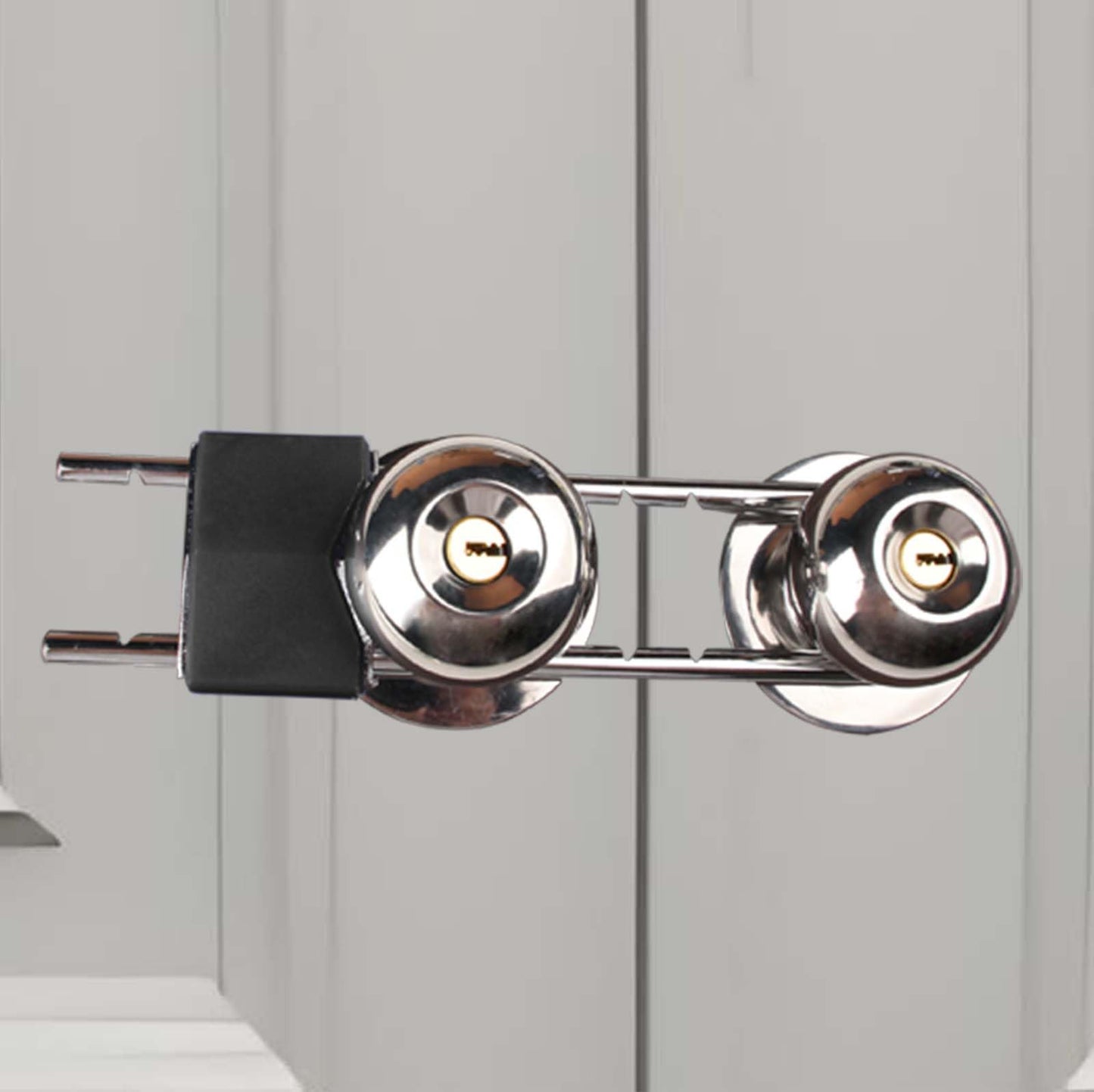 French Door Lock, Door Security Bar, Double Door Locking Device, Keyed Extra Door Lock for Doors with Double Handles/Knobs/Levers, All Metal Construction, Safety U-Shaped Bar Prevent Kick Ins