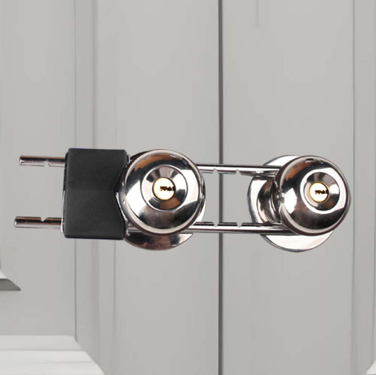 French Door Lock, Door Security Bar, Double Door Locking Device, Keyed Extra Door Lock for Doors with Double Handles/Knobs/Levers, All Metal Construction, Safety U-Shaped Bar Prevent Kick Ins