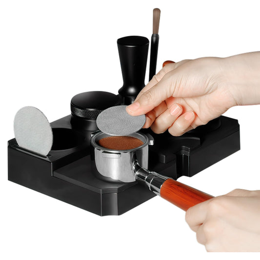 Espresso Tamping Station Coffee Tamper Base Fit for 51-58mm Portafilters Tamper Distributor Puck Screen Espresso Accessories ABS Coffee Tamper Stand with Detachable Silicone Mat for Bar Home Office