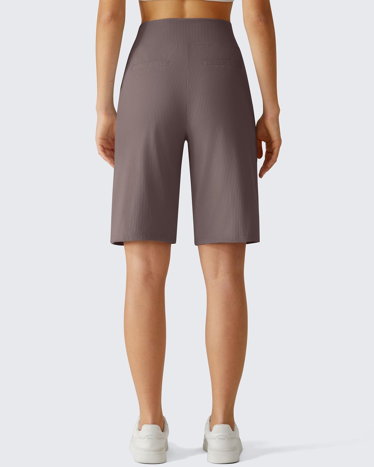 G4Free Athletic Bermuda Shorts Women 10'' Knee Length Wide Leg Loose with Side Pockets Yoga Waistband for Work (Taupe,L)