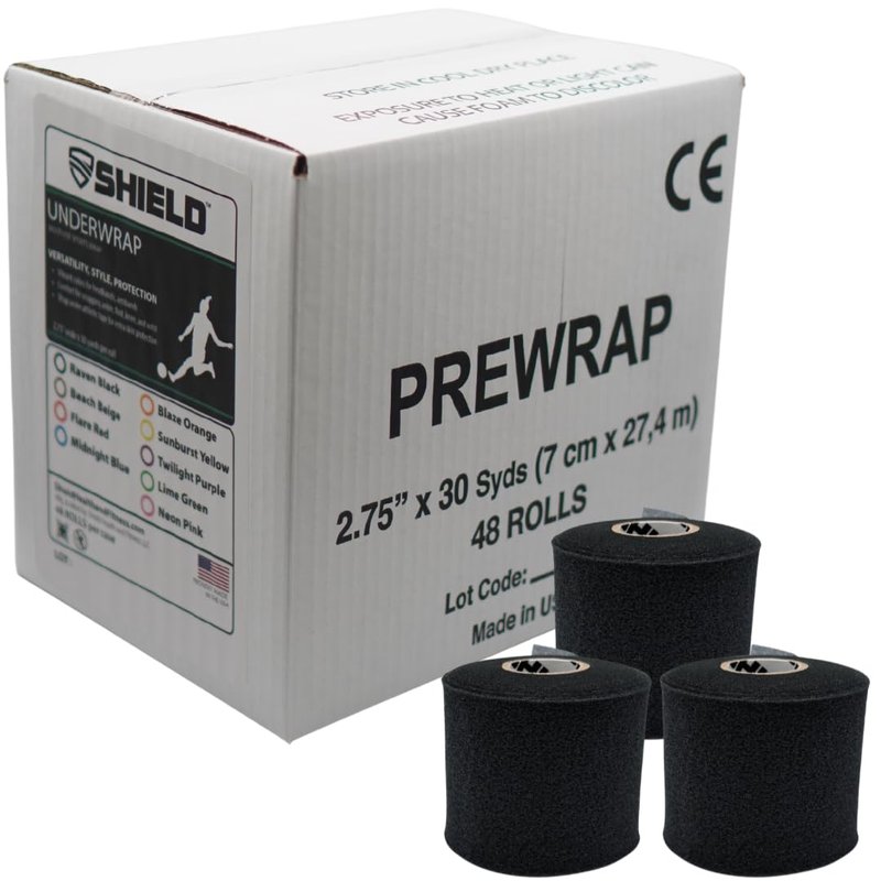 Shield Athletic Underwrap | Bulk Case of 48 Rolls of PreWrap, Hair Tie, Headband, USA Made, Pre-Wrap Athletic Tape, 2.75" X 30 SYards, Foam Barrier, Flexible, Breathable (Black)