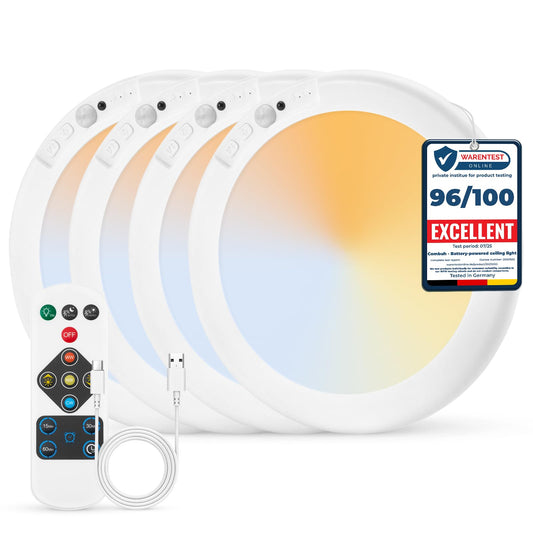 Combuh 4-Pack Battery Powered Motion Sensor Light, 7.48" IP44 Waterproof Shower Lamp Without Wiring, Ultra Thin 3 Colors Adhesive Overhead Lightting for Garage, Bedroom, Kitchen, Portable