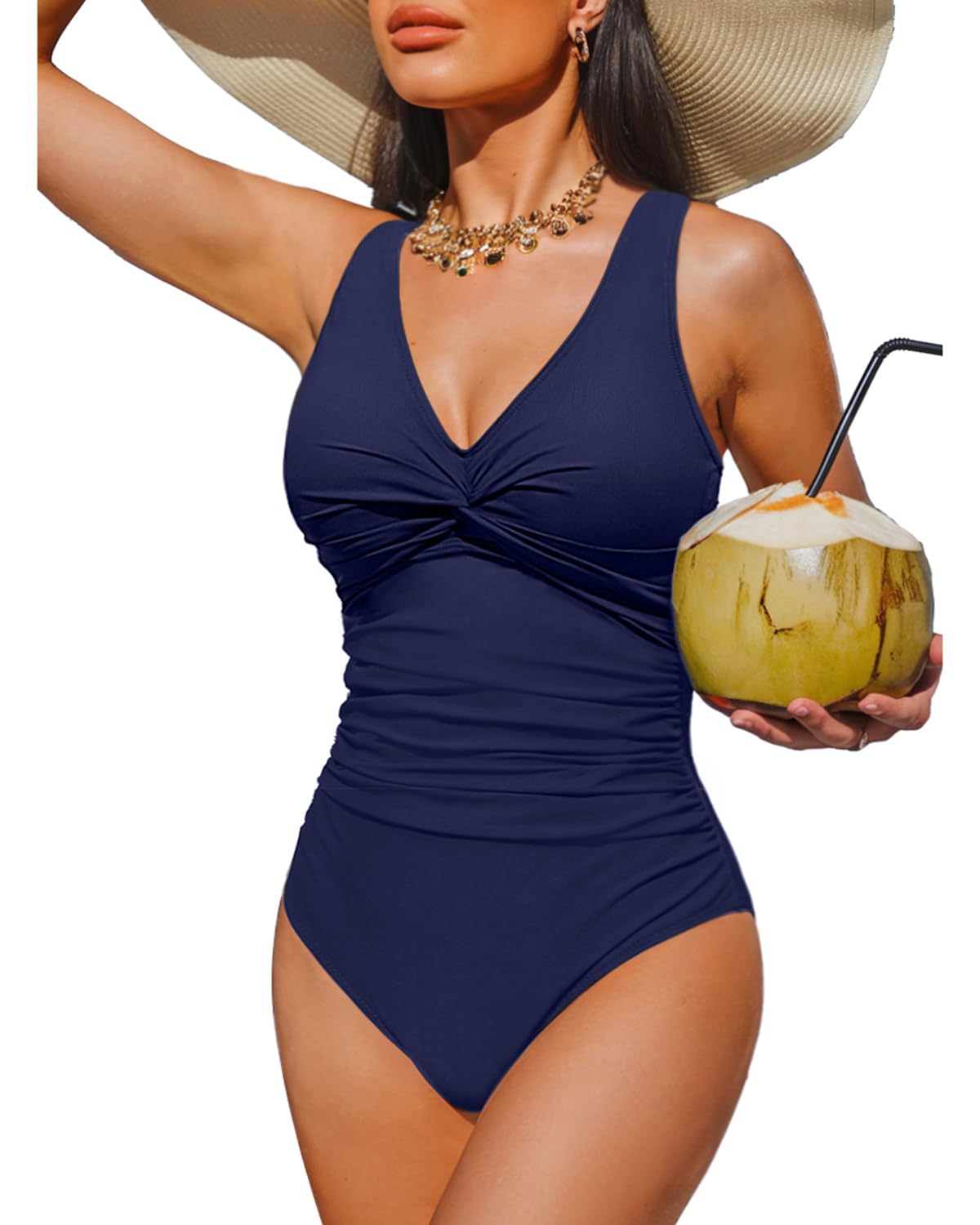 Navy Blue Tummy Control One Piece Swimsuit Full Coverage Bathing Suit S
