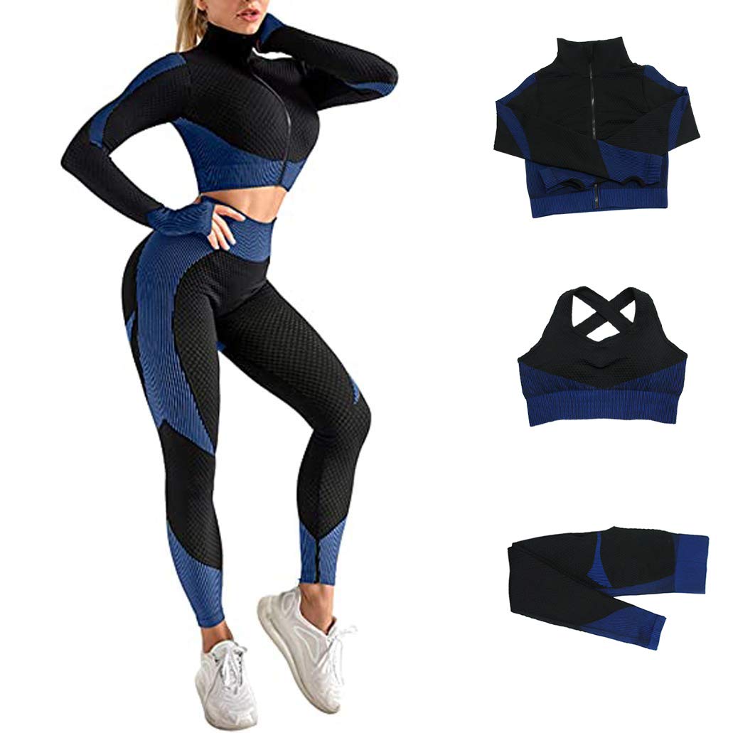 Veriliss Women's 3pcs Seamless Outfits Workout Sets,Gym Clothes Yoga Sportswear Leggings and Stretch Sports Bra Gym jumpsuits Clothes Set (BlackBlue, M)