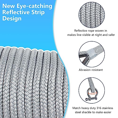 DEDU Gray 1/2 Inch x 150 FT Double Braided Marine Anchor Rope with Stainless Steel Thimble & Shackle - Ideal for Towing & Mooring, Boats Up to 35'