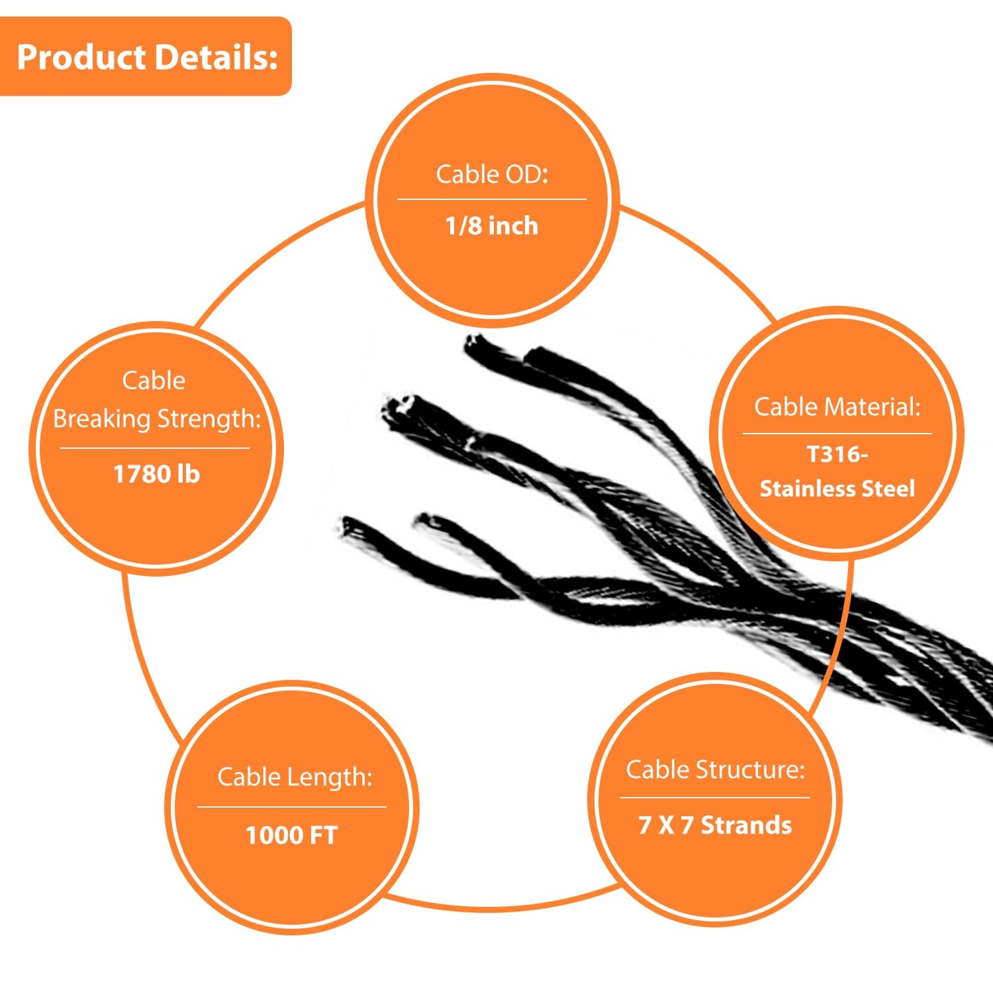 300FT T316 Black Stainless Steel Cable 1/8 inch, Black Aircraft Cable for Deck Railing, 7 x 7 Strands Construction Braided Steel Cable, Black Wire Cable for Wood Posts