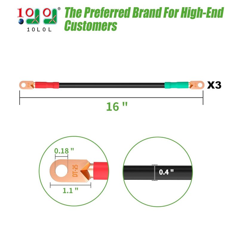 10L0L Battery Cable for EZGO RXV & Club Car Precedent 48V Golf Cart (4x12V Batteries), 16 Inch 3 PCS (25 mm²)