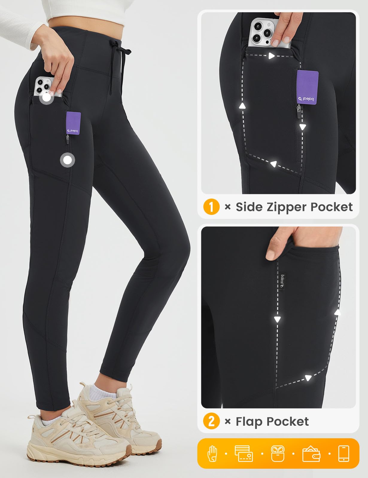 baleaf Women's Fleece Lined Leggings Hiking Ripstop Water Resistant Pants Thermal Warm Winter Tights with Zipper Pockets Cold Weather Gear Black M