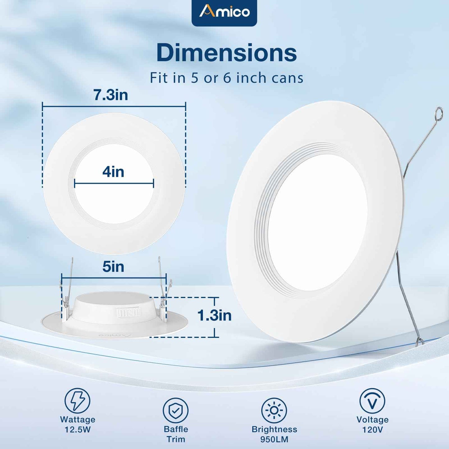 Amico 5/6 inch 5CCT LED Recessed Lighting 12 Pack, Dimmable, Damp Rated, 12.5W=100W, Can Lights with Baffle Trim, Retrofit Installation, ETL&FCC, White