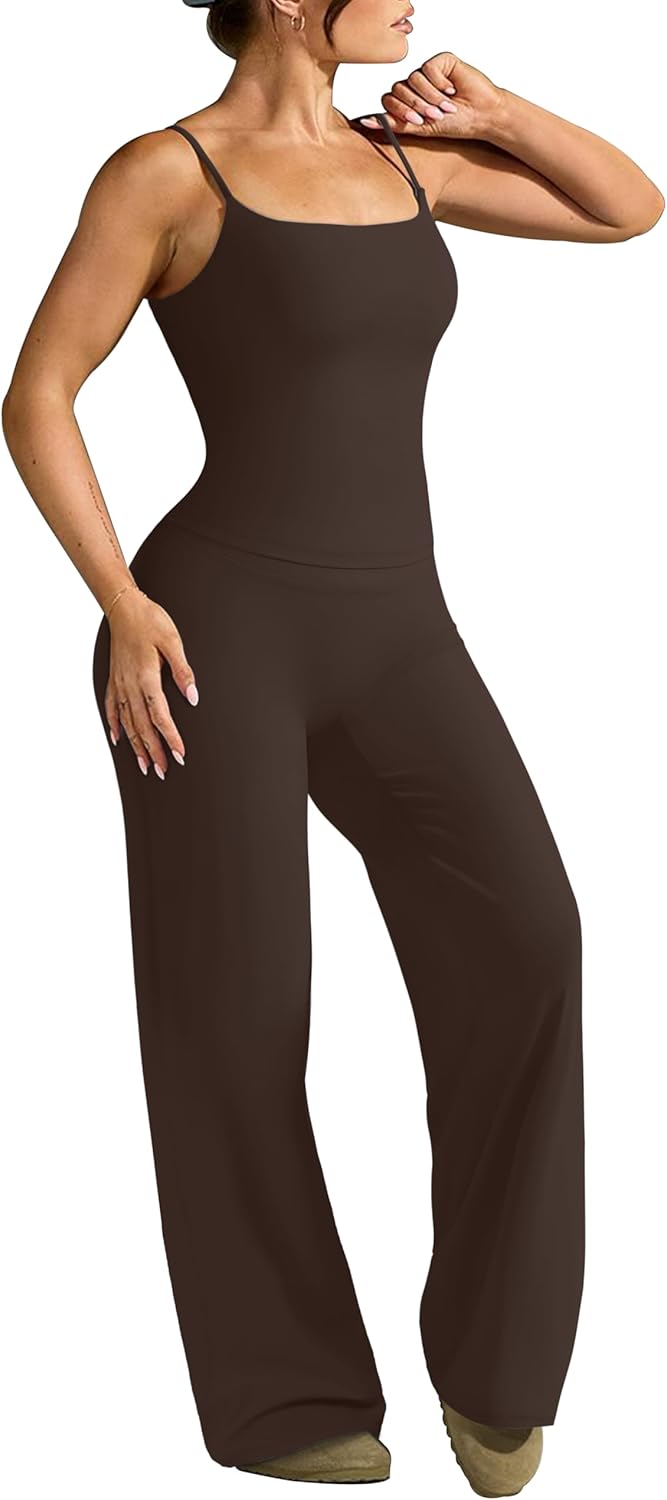 OMKAGI Workout Sets - Padded Tank Tops with Matching Straight Leg Yoga Pants for Women