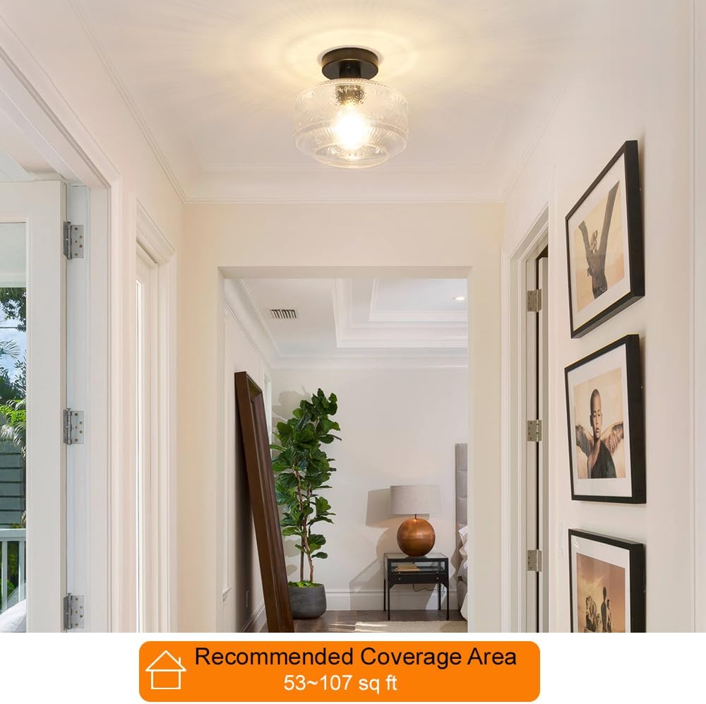 Vintage Semi Flush Mount Ceiling Light Fixture - Brass & Thickened Glass for Hallway, Entryway, Bedroom, Bathroom