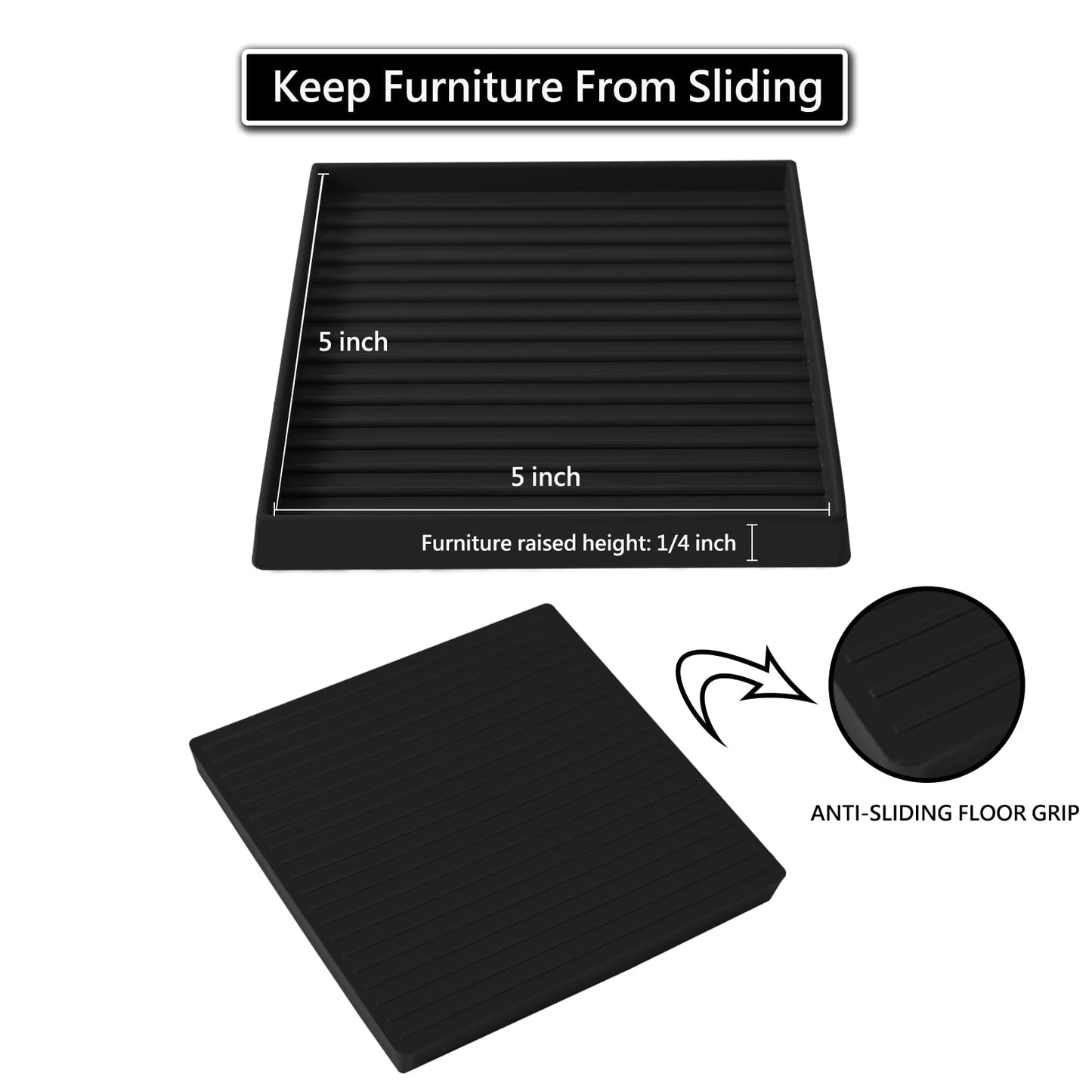 5x5 Square Rubber Furniture Caster Cups, Anti-Sliding Furniture Pads Bed Stopper Floor Protectors with Grip - Protect Any Flooring