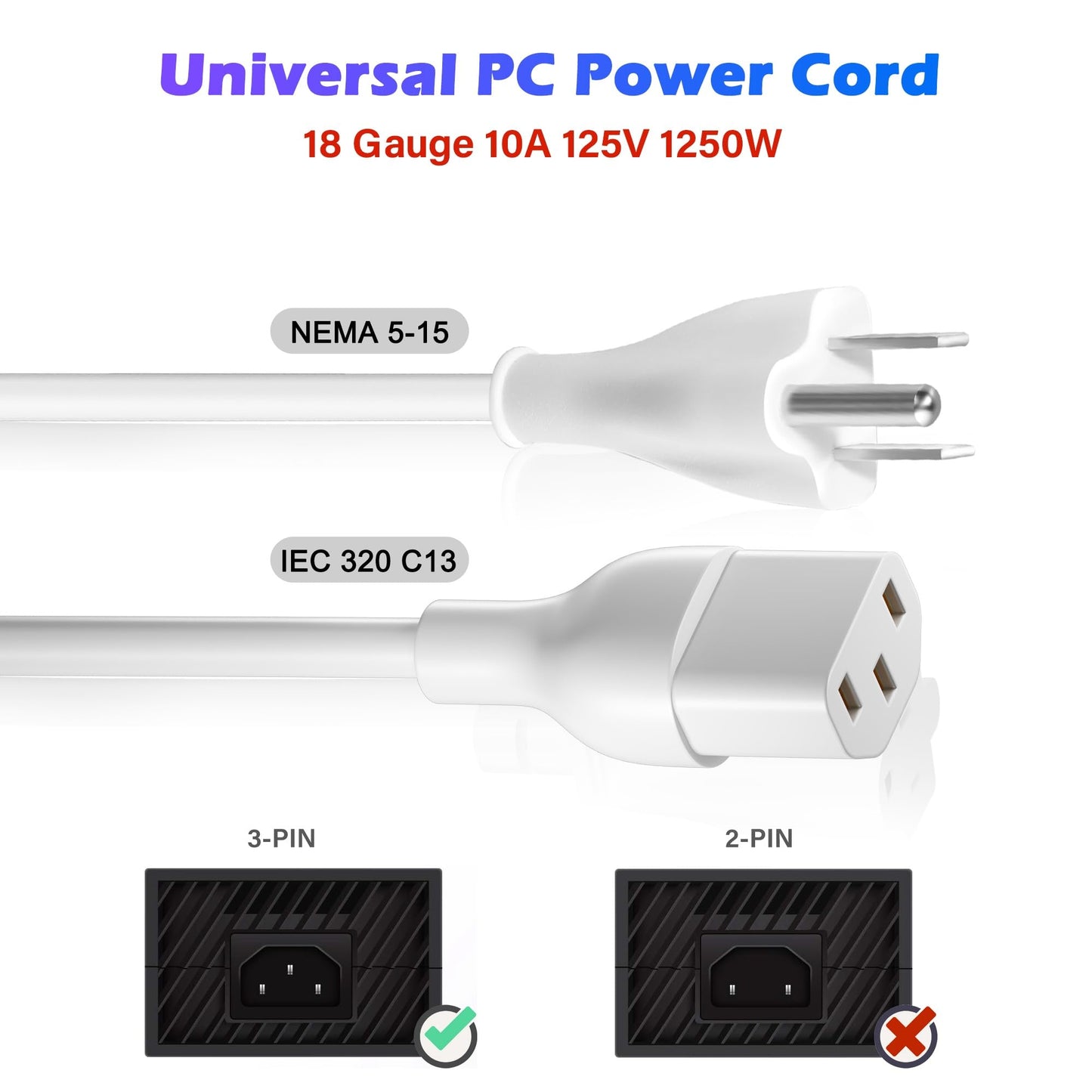 Adoreen 10 Ft Computer TV Replacement Power Cord White, 18AWG 3-Prong AC Universal Power Supply Cable NEMA 5-15P to IEC 320 C13 for Printer, PC, Monitor TV LCD, ETL+Ties