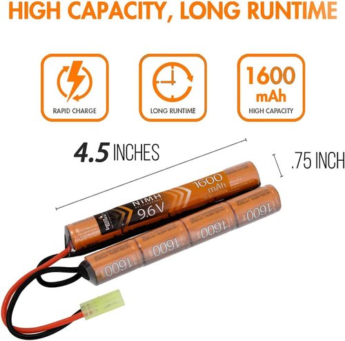 Lancer Tactical Nimh Airsoft Battery - 9.6V 1600 mAh Nunchuck for AEG Airsoft Guns