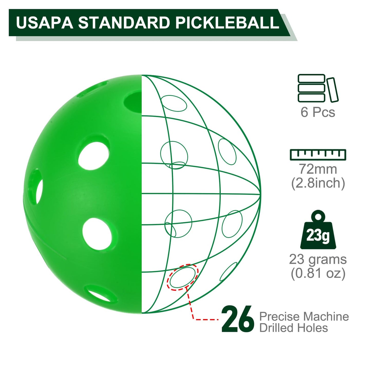 PATIKIL Outdoor Pickleball Balls, 6 Pack, Grass Green, 26 Holes, 72mm (2.8inch) Diameter, 23g (0.81 oz), Suitable for Amateurs, Indoor/Outdoor Use