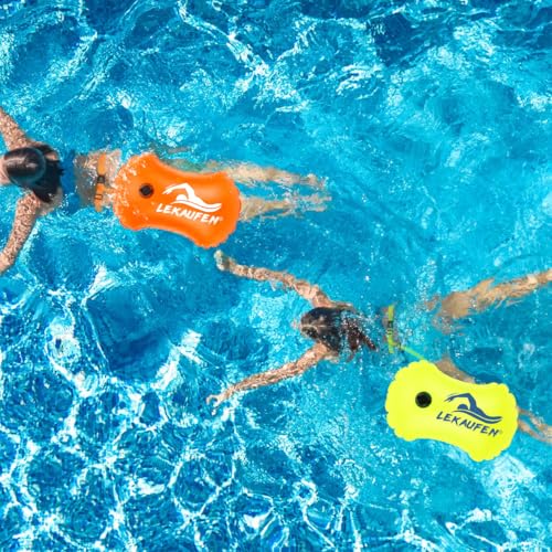 LeKaufen Inflatable Open Water Swim Buoy - Bright Orange and Yellow Safety Float