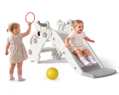 Babytronic Toddler Slide - 4-in-1 Indoor & Outdoor Playground with Climber, Basketball Hoop & Ring Toss - Cream & Gray
