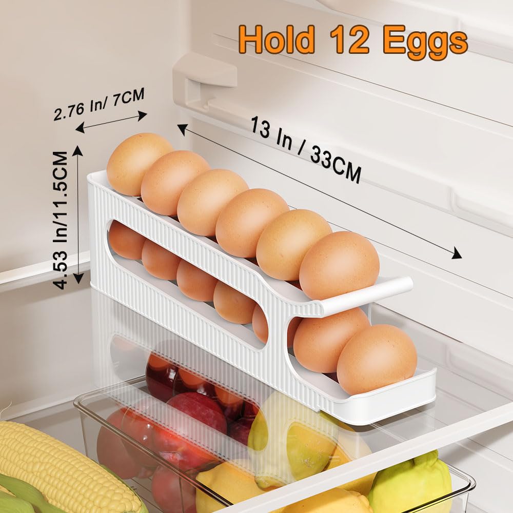 Egg Holder for Fridge, 2 Tiers Auto Rolling Egg Storage Organizer for Refrigerator, Slim Space Saving Container, Dispenser - Egg Roller for Eggs 12 Count