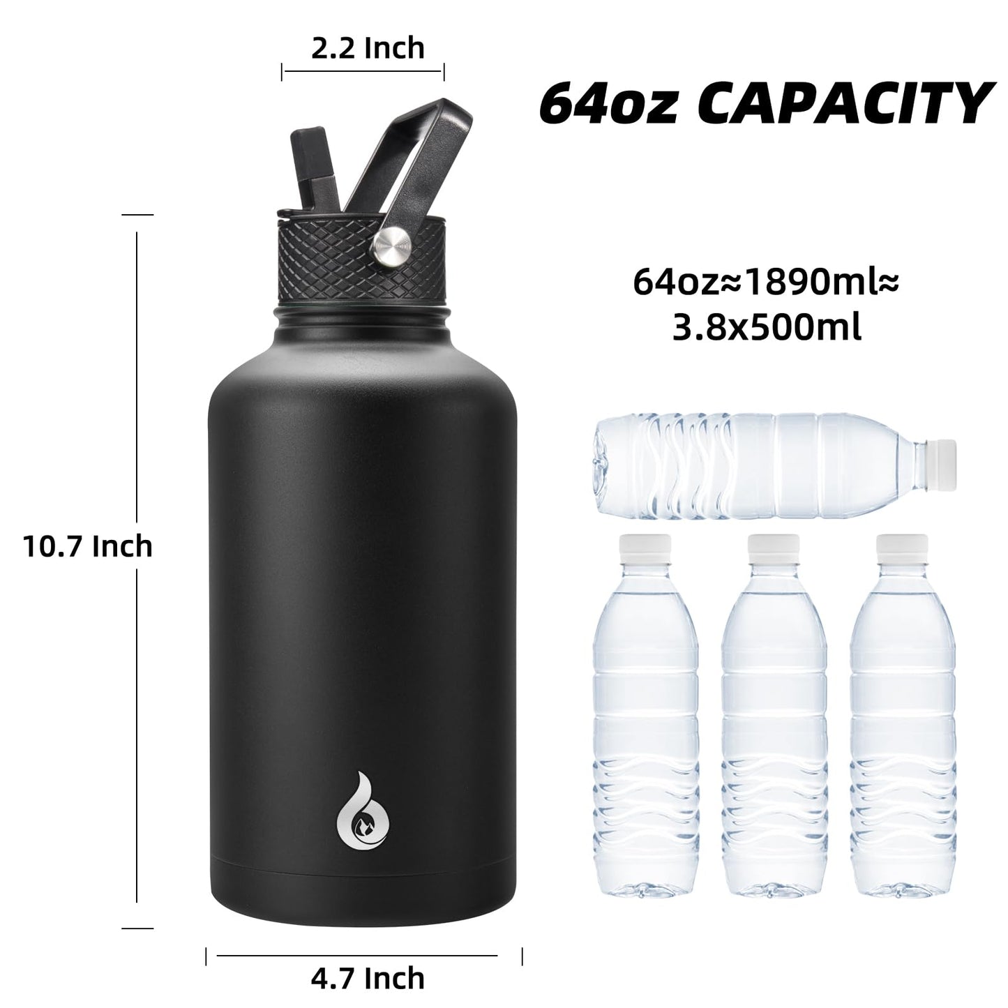 BJPKPK Half Gallon Insulated Water Bottles with Straw Lid, 64oz Large Water Jug, Stainless Steel Bottles with 3 Lids and Paracord Handle, Thermo for Hot & Cold Liquid, Black