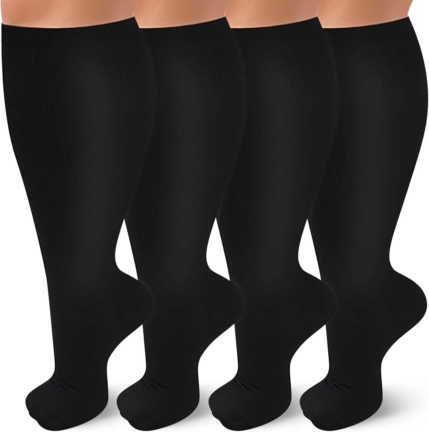 Skiennix Plus Size Compression Socks - 20-30 mmHg Support for Wide Calves | 4 Pairs for Men & Women