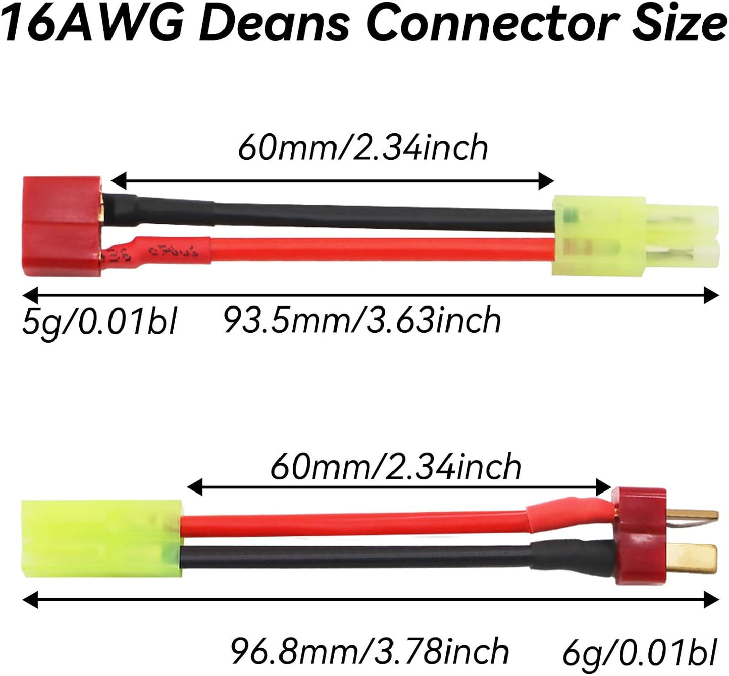 Tamiya Mini Connector to Deans T Plug - 10 Pack 16AWG Male/Female Adapter for RC Cars & Airsoft