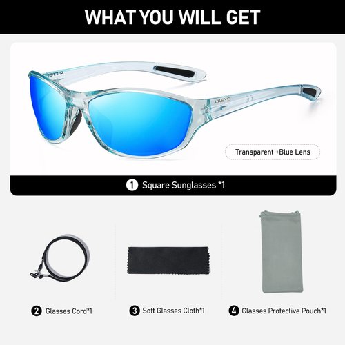 LKEYE Polarized Sports Sunglasses For Men Women Cycling Driving Fishing UV400 Protection Spring Hinge Goggles Wrap Around Mirror Lenses Sun Glasses LK6092 Blue/Blue