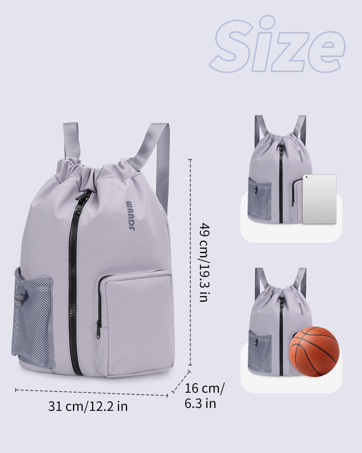 WANDF Drawstring Backpack with Shoe Compartment, Sports Gym Bag