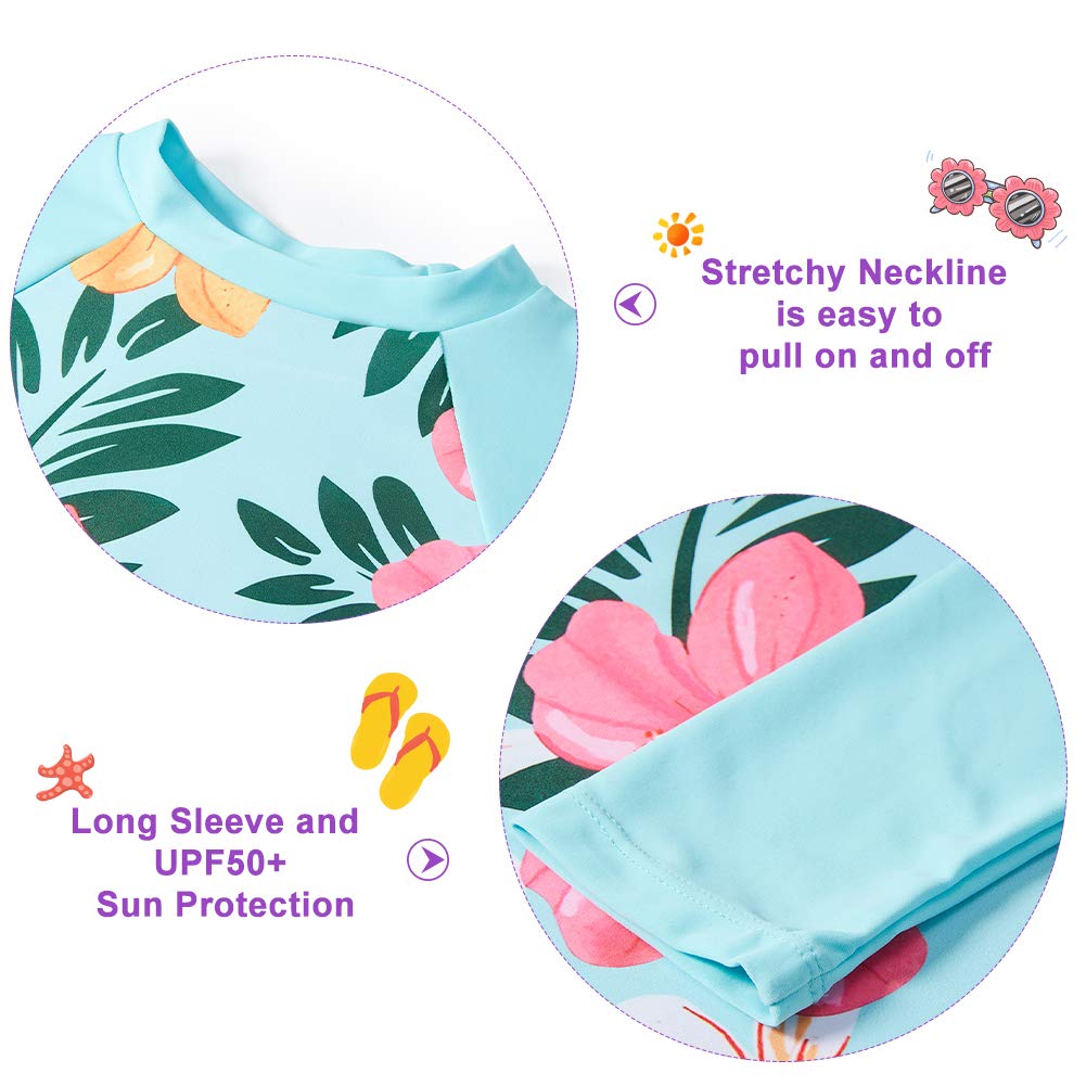 Funnycokid Girls Swimsuit Toddler Bathing Suit Swim Long Sleeve 2 Piece Rash Guard 4T 3T Set for Kids Hawaiian Blue Floral