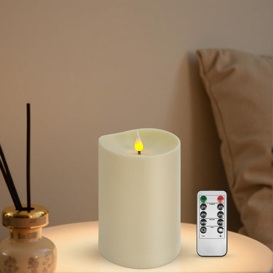SUNGEGE Flameless LED Candle with Remote, 4x6 Inch Plastic Pillar Candle, Battery Powered, Flickering Flame with Timer & Dimming, Ivory – Safe, Realistic Home or Event Decor