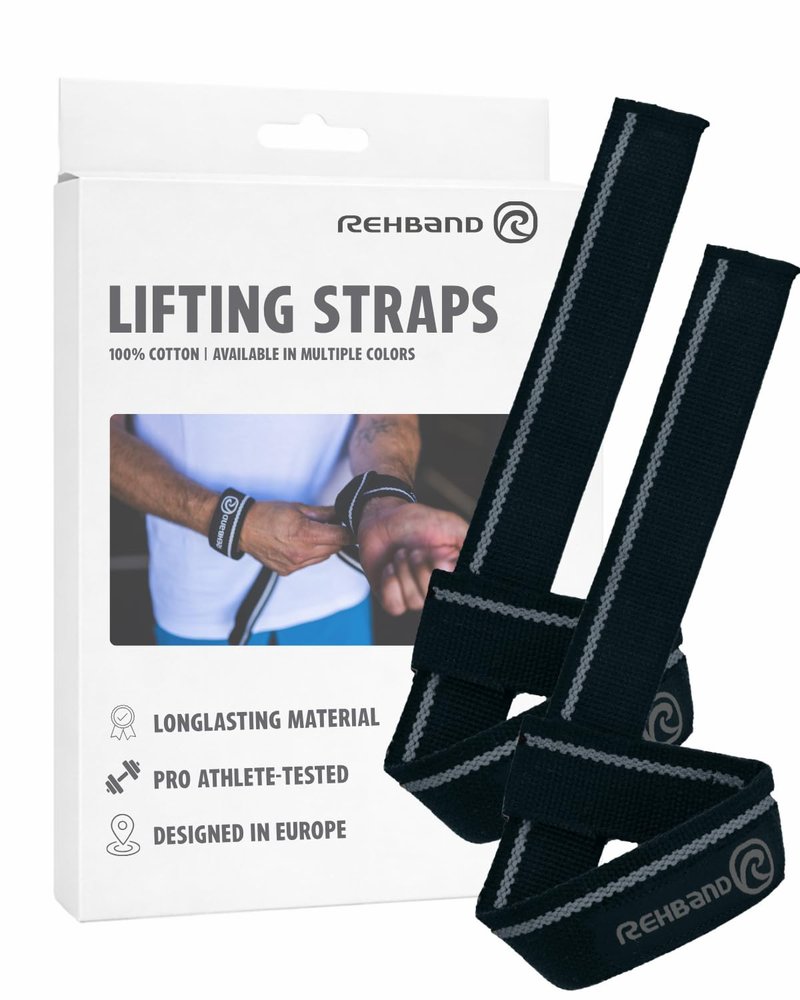Rehband Lifting Straps for Strength Training, 1 Pair Fitness Pull Straps, 100% Cotton, 56cm Grip Support for Bodybuilding, More Grip Strength Weightlifting, Colour:Carbon/Black, Size:One Size