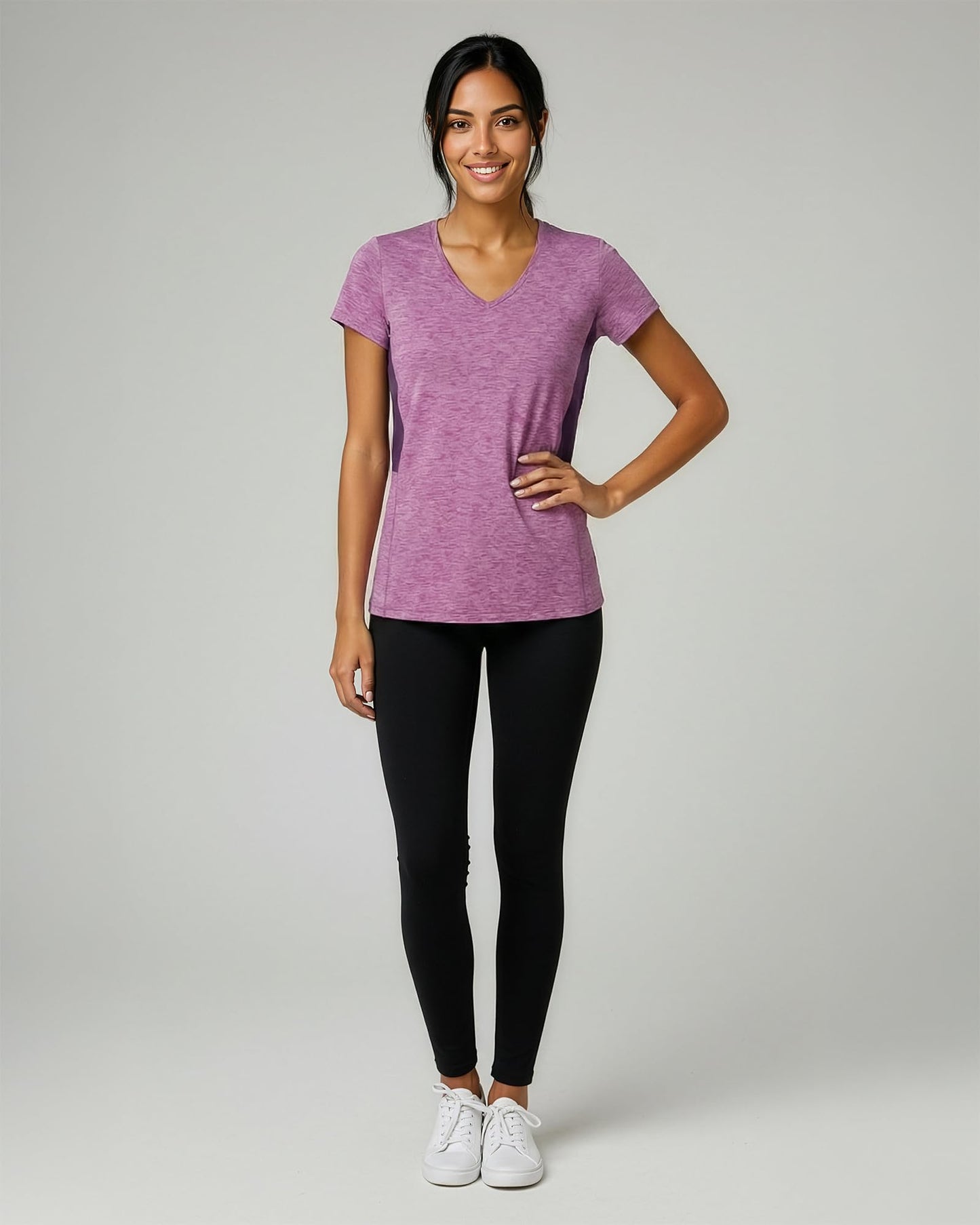 Real Essentials 5 Pack: Women's Dry-Fit Short Sleeve V Neck T Shirt Workout Fitness Yoga Top Tee, Set 4, L