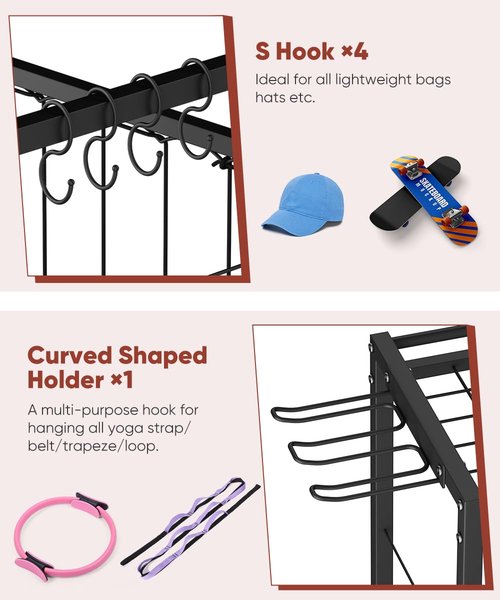Fiwithy 3 Tiers Dumbbells Yoga Mat Storage Rack with Elastic Straps for Kettlebells Foam Roller Resistance Bands Balls, Workout Equipment Organizer Weight Storage Holder with Hooks for Home Gym, Black