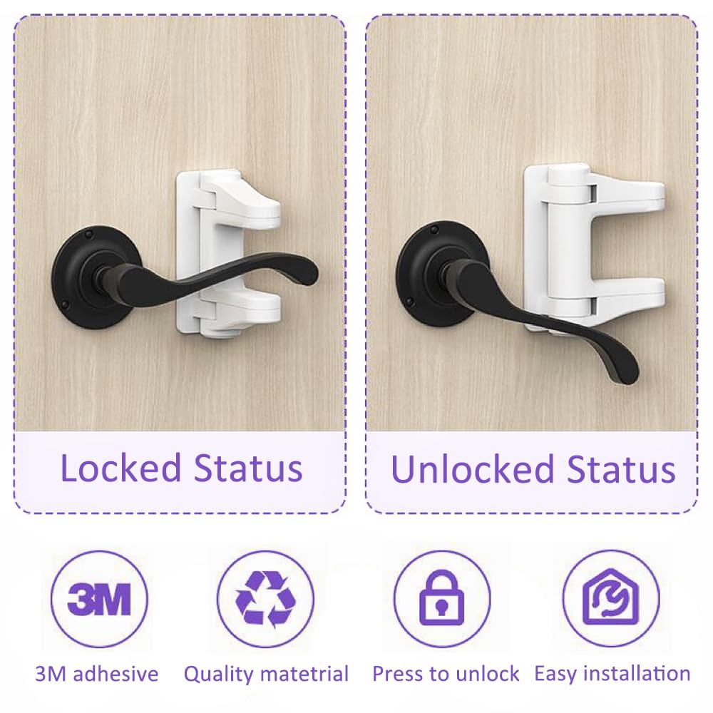 Door Lever Lock Child Proof, 2 Pack Door Handle Baby Proof No Drilling, 3M Adhesive Child Safety Cabinet Locks for Doors Simple Install and No Tools Needed, White