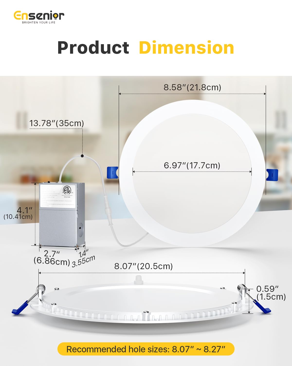 Ensenior 6 Pack 8 Inch LED Recessed Light, Dimmable, 2700K-5000K 5CCT, 1600LM High Brightness, 18W 120V, Damp Rated, Ultra-Thin Canless Wafer Light - ETL & FCC & IC