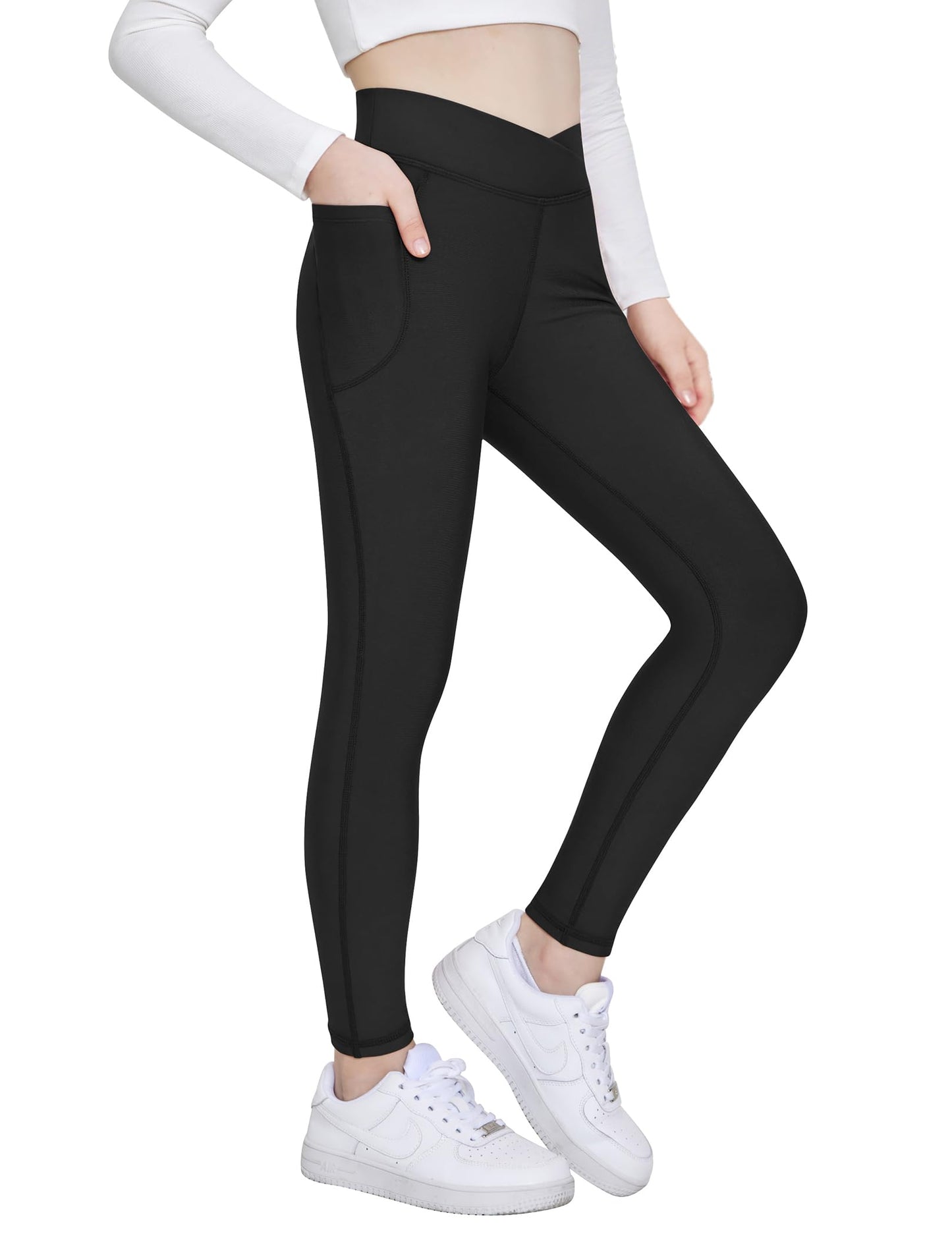 Zaclotre Girls Fleece Lined Leggings Kids Water Resistant Winter Warm Crossover Athletic Yoga Pants with Pockets Black