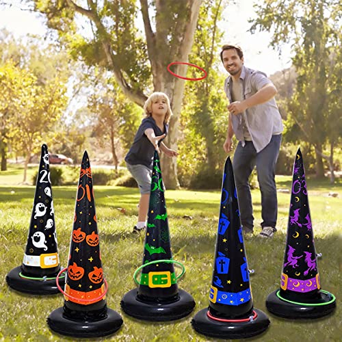 Inflatable Witch Hat Ring Toss Game 5-Pack with Pump - Halloween Party Toss Games for Kids & Adults