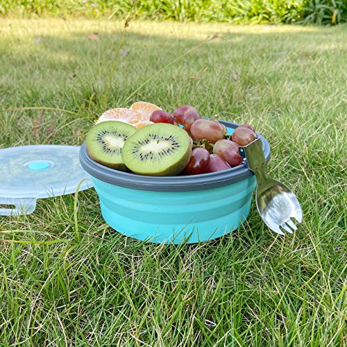 CCyanzi Blue 1200ml Collapsible Camping Bowl with Lid + Foldable Stainless Steel Fork & Spoon