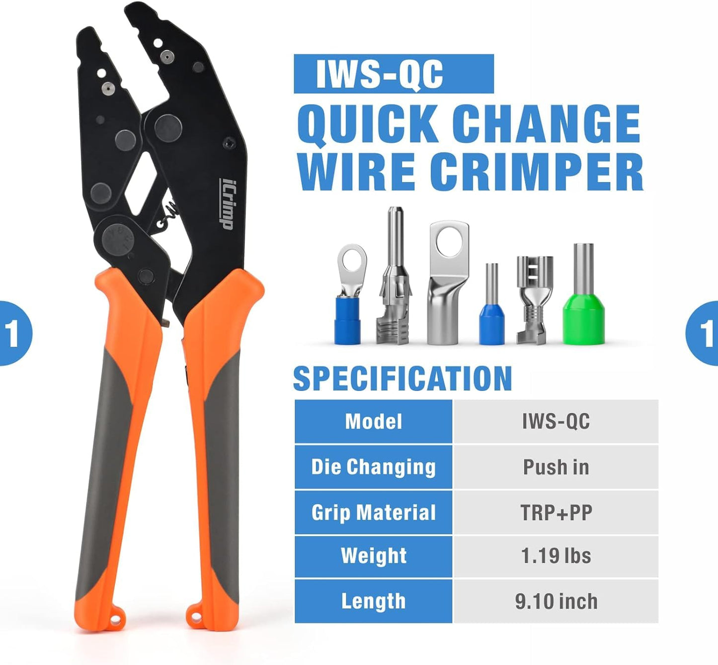 iCrimp Quick Change Ratcheting Wire Crimper Tool Set for Insulated, Heat Shrink, Non-Insulated Terminals, Battery Cable Lugs, IWS4 Solar connectors, Wire Ferrules, 8 Pieces with Wire Stripper